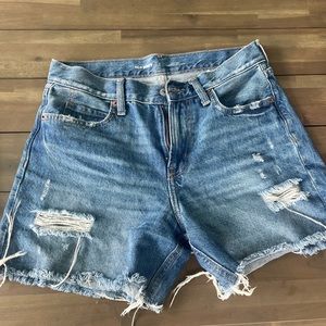 Womens High Rise slouchy straight jean shorts.